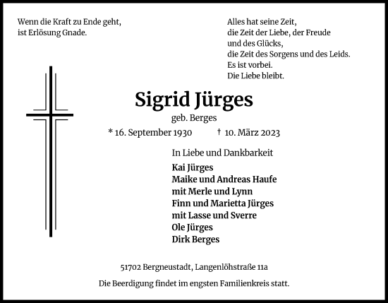 Anzeige von Sigrid Jürges von Kölner Stadt-Anzeiger / Kölnische Rundschau / Express