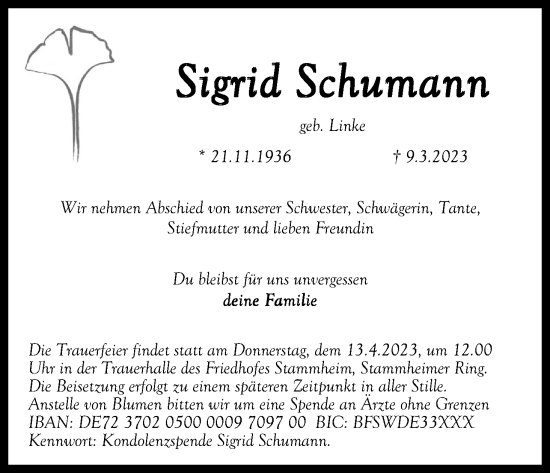 Anzeige von Sigrid Schumann von Kölner Stadt-Anzeiger / Kölnische Rundschau / Express
