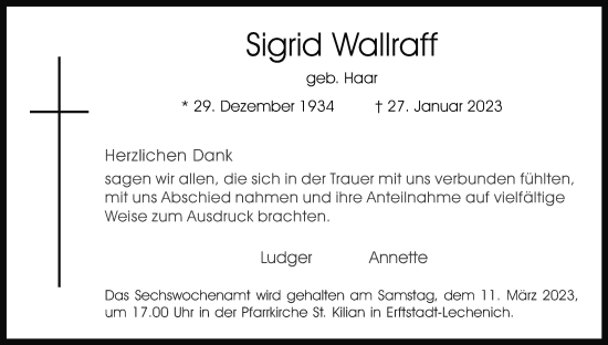 Anzeige von Sigrid Wallraff von Kölner Stadt-Anzeiger / Kölnische Rundschau / Express