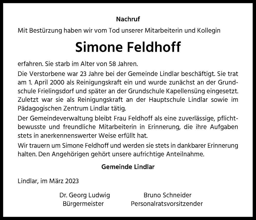  Traueranzeige für Simone Feldhoff vom 25.03.2023 aus Kölner Stadt-Anzeiger / Kölnische Rundschau / Express