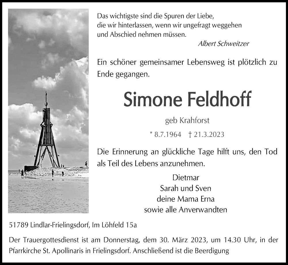  Traueranzeige für Simone Feldhoff vom 25.03.2023 aus Kölner Stadt-Anzeiger / Kölnische Rundschau / Express