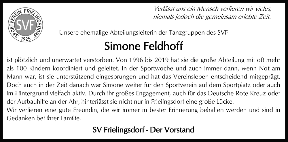  Traueranzeige für Simone Feldhoff vom 01.04.2023 aus Kölner Stadt-Anzeiger / Kölnische Rundschau / Express