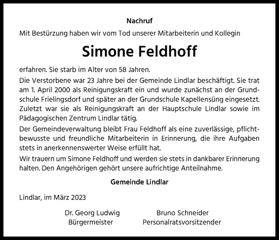 Anzeige von Simone Feldhoff von Kölner Stadt-Anzeiger / Kölnische Rundschau / Express