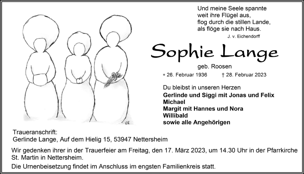  Traueranzeige für Sophie Lange vom 11.03.2023 aus  Blickpunkt Euskirchen 