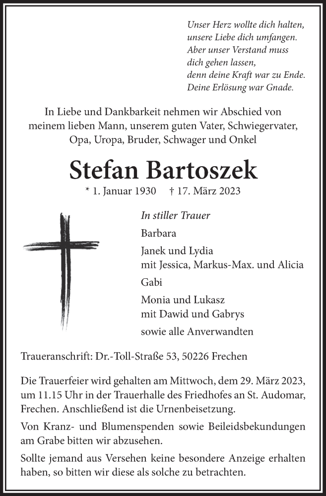  Traueranzeige für Stefan Bartoszek vom 24.03.2023 aus  Wochenende 