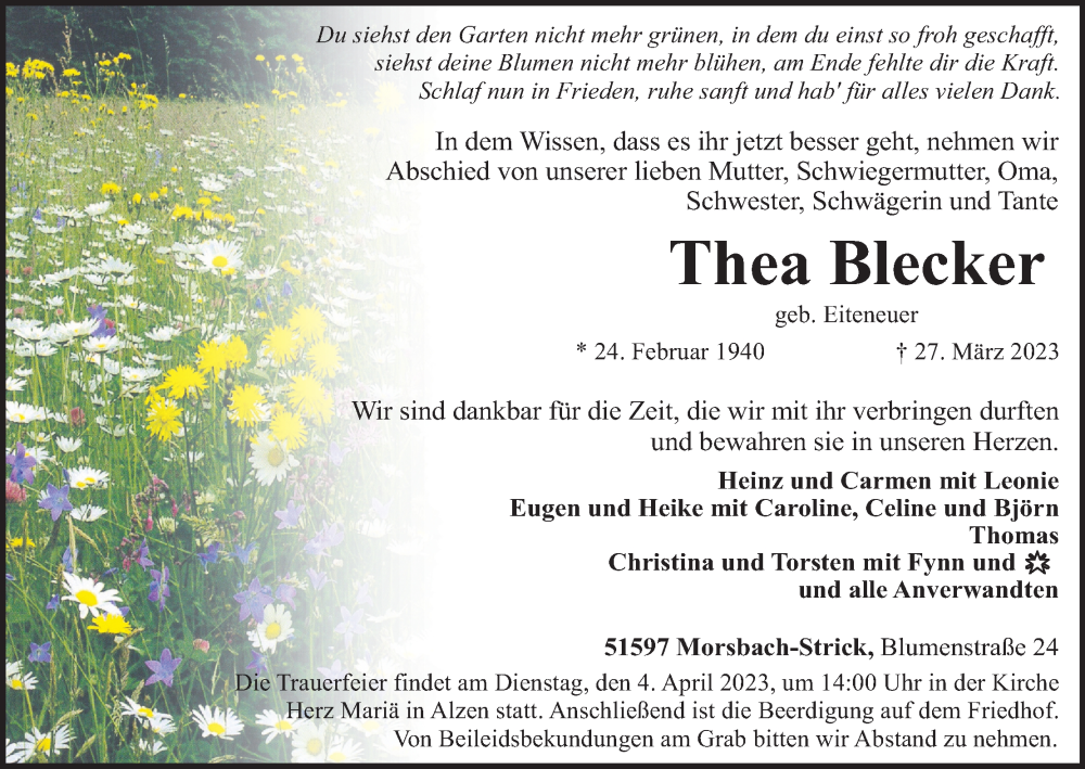  Traueranzeige für Thea Blecker vom 31.03.2023 aus Kölner Stadt-Anzeiger / Kölnische Rundschau / Express