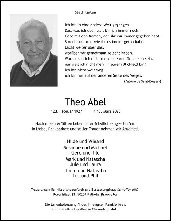 Anzeige von Theo Abel von  Werbepost 