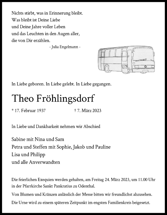 Anzeige von Theo Fröhlingsdorf von Kölner Stadt-Anzeiger / Kölnische Rundschau / Express
