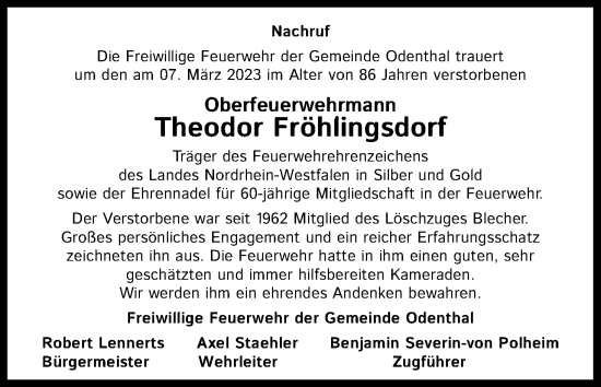 Anzeige von Theodor Fröhlingsdorf von Kölner Stadt-Anzeiger / Kölnische Rundschau / Express