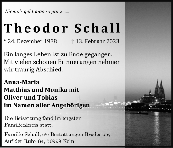 Anzeige von Theodor Schall von Kölner Stadt-Anzeiger / Kölnische Rundschau / Express