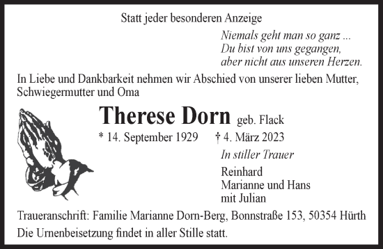Anzeige von Therese Dorn von  Wochenende 