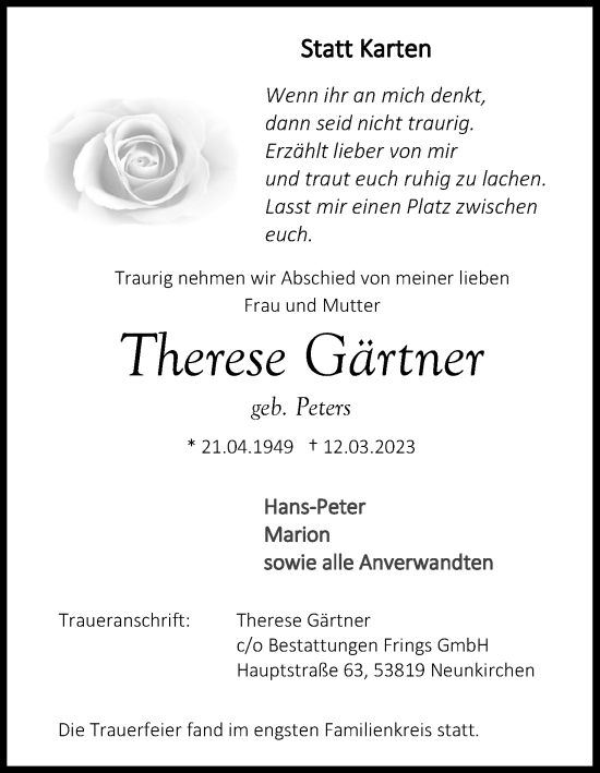 Anzeige von Therese Gärtner von Kölner Stadt-Anzeiger / Kölnische Rundschau / Express