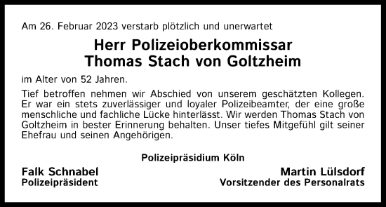 Anzeige von Thomas Stach von Goltzheim von Kölner Stadt-Anzeiger / Kölnische Rundschau / Express