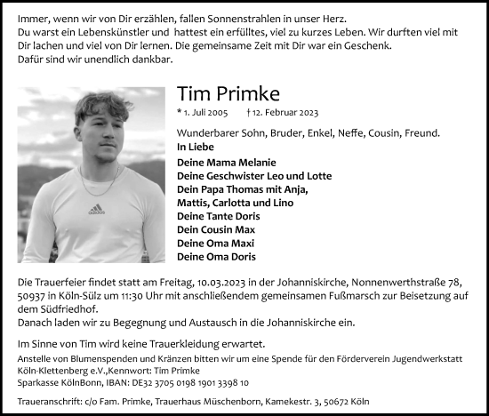Anzeige von Tim Primke von Kölner Stadt-Anzeiger / Kölnische Rundschau / Express