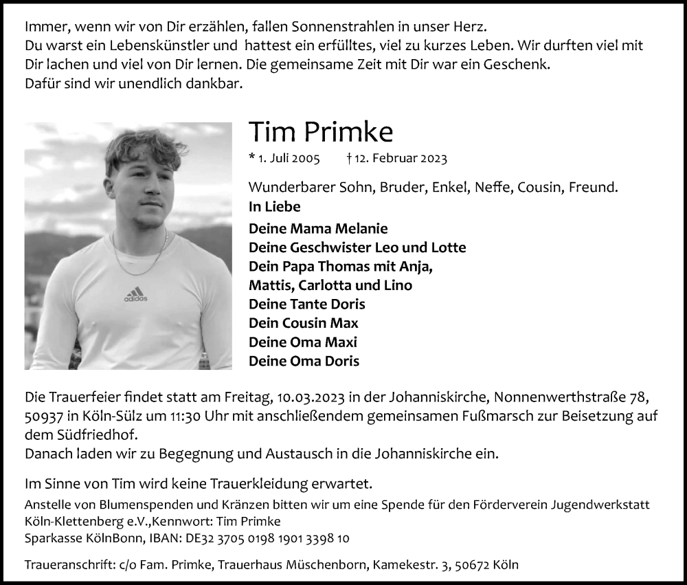  Traueranzeige für Tim Primke vom 04.03.2023 aus Kölner Stadt-Anzeiger / Kölnische Rundschau / Express