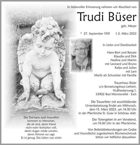 Anzeige von Trudi Büser von  Blickpunkt Euskirchen 