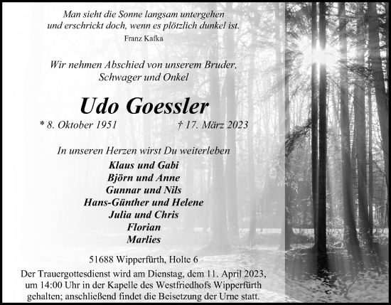 Anzeige von Udo Goessler von Kölner Stadt-Anzeiger / Kölnische Rundschau / Express