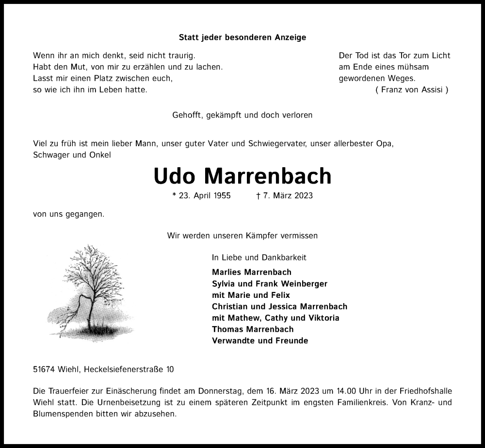  Traueranzeige für Udo Marrenbach vom 11.03.2023 aus Kölner Stadt-Anzeiger / Kölnische Rundschau / Express