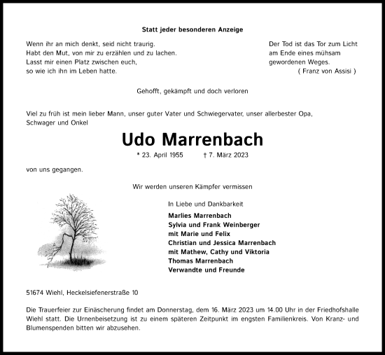 Anzeige von Udo Marrenbach von Kölner Stadt-Anzeiger / Kölnische Rundschau / Express