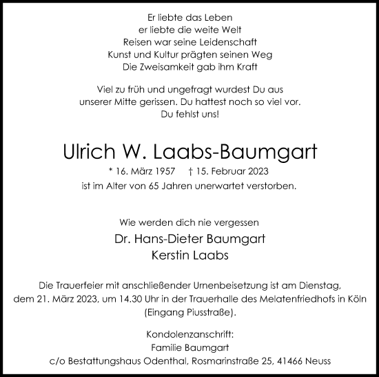 Anzeige von Ulrich W. Laabs-Baumgart von Kölner Stadt-Anzeiger / Kölnische Rundschau / Express