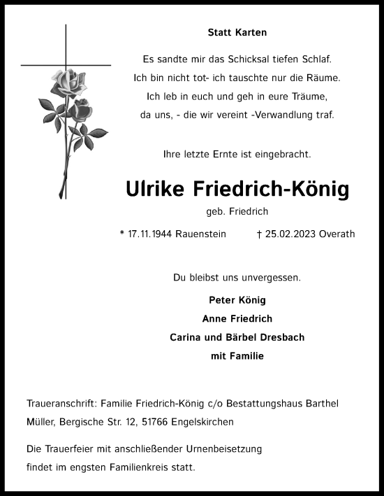 Anzeige von Ulrike Friedrich-König von Kölner Stadt-Anzeiger / Kölnische Rundschau / Express