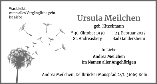 Anzeige von Ursula Meilchen von Kölner Stadt-Anzeiger / Kölnische Rundschau / Express
