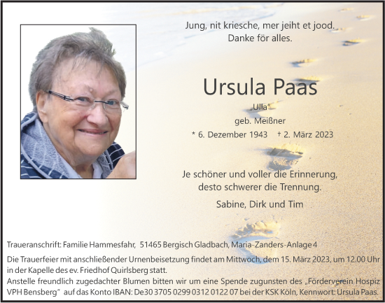Anzeige von Ursula Paas von  Bergisches Handelsblatt 