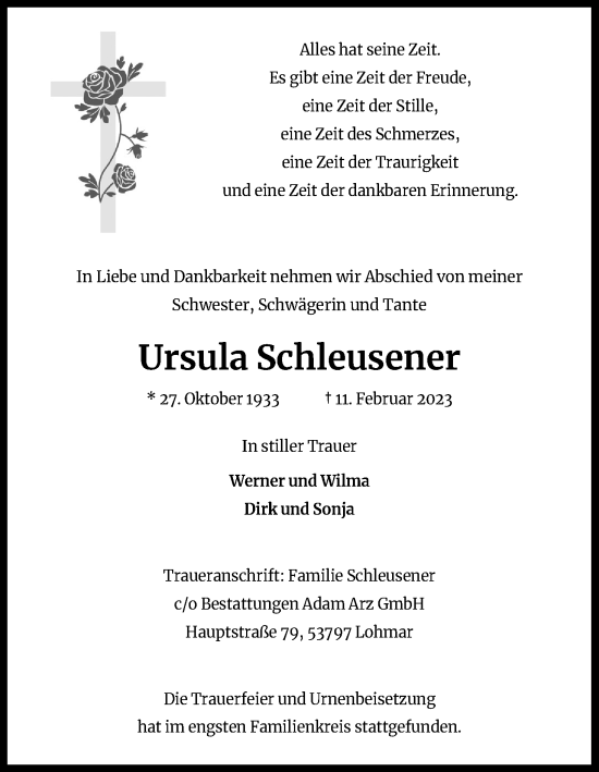 Anzeige von Ursula Schleusener von Kölner Stadt-Anzeiger / Kölnische Rundschau / Express