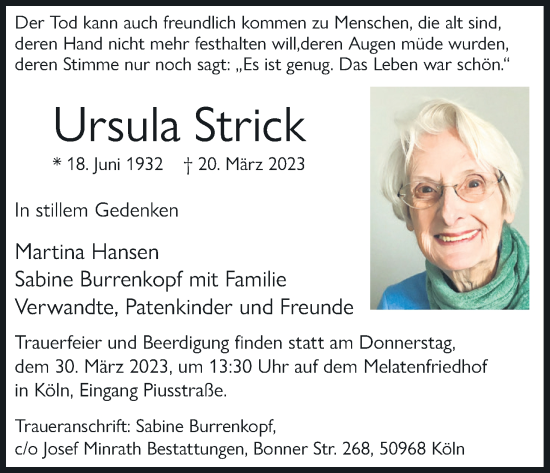 Anzeige von Ursula Strick von Kölner Stadt-Anzeiger / Kölnische Rundschau / Express