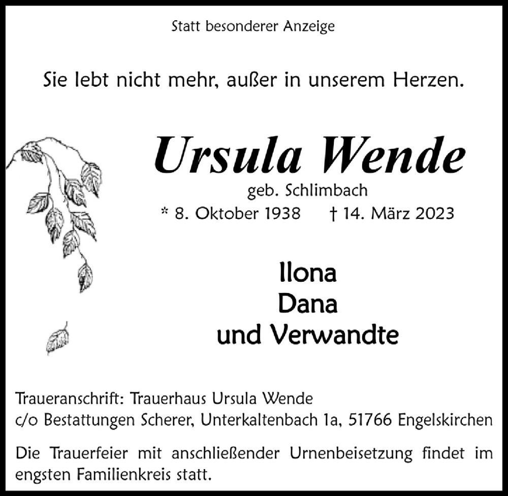  Traueranzeige für Ursula Wende vom 17.03.2023 aus  Anzeigen Echo 