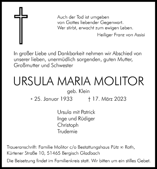 Anzeige von Ursula Maria Molitor von Kölner Stadt-Anzeiger / Kölnische Rundschau / Express