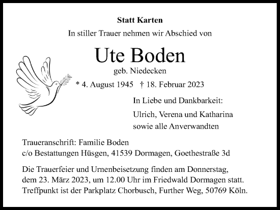 Anzeige von Ute Boden von Kölner Stadt-Anzeiger / Kölnische Rundschau / Express
