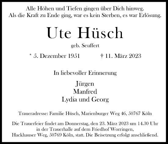 Anzeige von Ute Hüsch von Kölner Stadt-Anzeiger / Kölnische Rundschau / Express