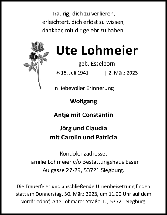 Anzeige von Ute Lohmeier von Kölner Stadt-Anzeiger / Kölnische Rundschau / Express