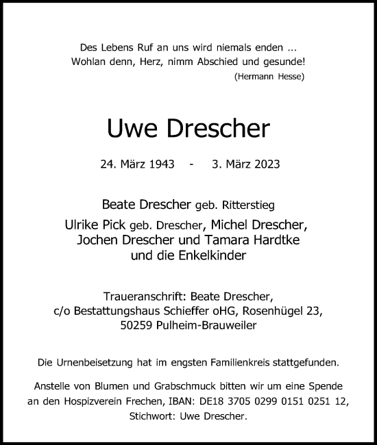 Anzeige von Uwe Drescher von Kölner Stadt-Anzeiger / Kölnische Rundschau / Express