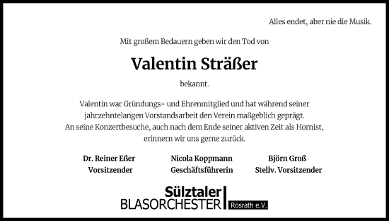 Anzeige von Valentin Sträßer von Kölner Stadt-Anzeiger / Kölnische Rundschau / Express