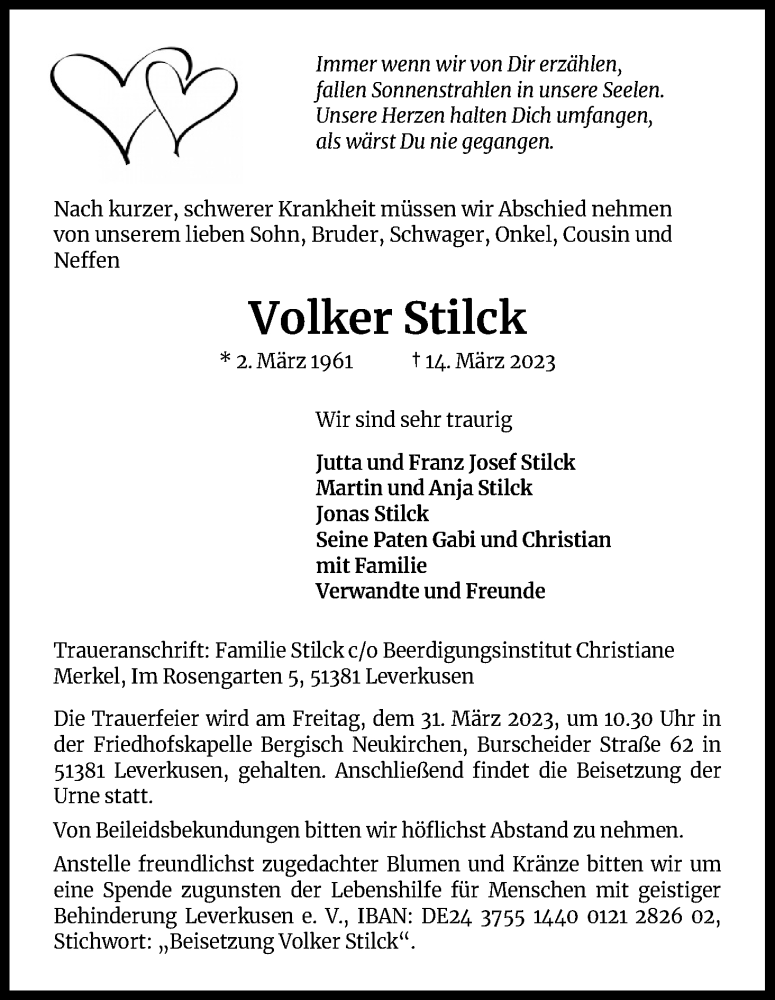  Traueranzeige für Volker Stilck vom 25.03.2023 aus Kölner Stadt-Anzeiger / Kölnische Rundschau / Express