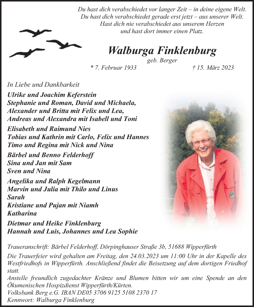  Traueranzeige für Walburga Finklenburg vom 18.03.2023 aus Kölner Stadt-Anzeiger / Kölnische Rundschau / Express