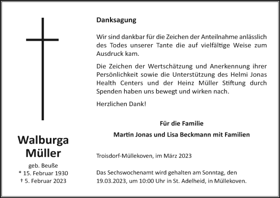 Anzeige von Walburga Müller von Kölner Stadt-Anzeiger / Kölnische Rundschau / Express