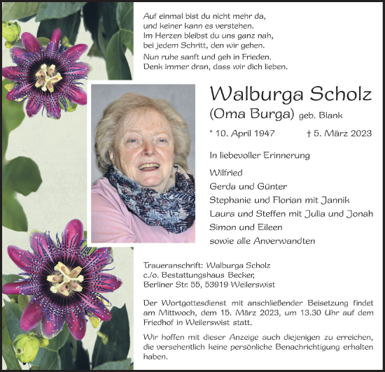 Anzeige von Walburga Scholz von  Blickpunkt Euskirchen 