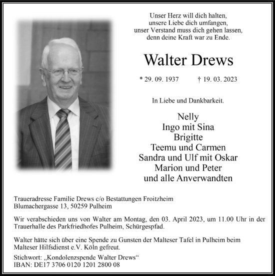 Anzeige von Walter Drews von  Wochenende 