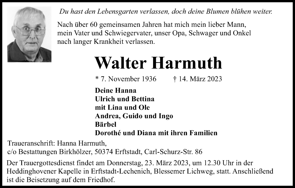  Traueranzeige für Walter Harmuth vom 18.03.2023 aus Kölner Stadt-Anzeiger / Kölnische Rundschau / Express
