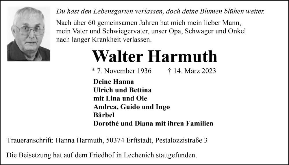  Traueranzeige für Walter Harmuth vom 24.03.2023 aus  Werbepost 