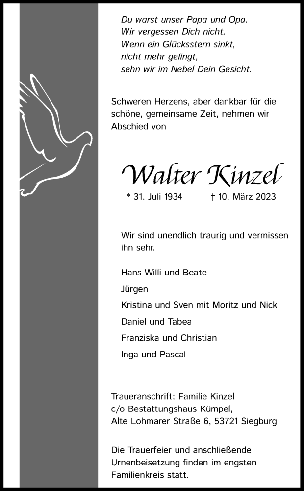  Traueranzeige für Walter Kinzel vom 18.03.2023 aus Kölner Stadt-Anzeiger / Kölnische Rundschau / Express