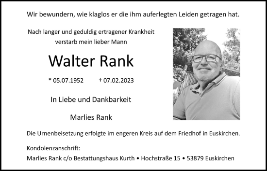 Anzeige von Walter Rank von  Blickpunkt Euskirchen 