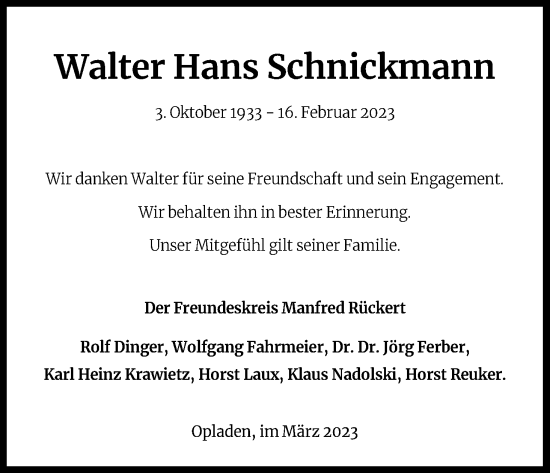Anzeige von Walter Hans Schnickmann von Kölner Stadt-Anzeiger / Kölnische Rundschau / Express