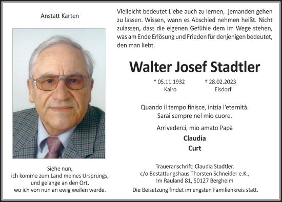 Anzeige von Walter Josef Stadtler von  Werbepost 