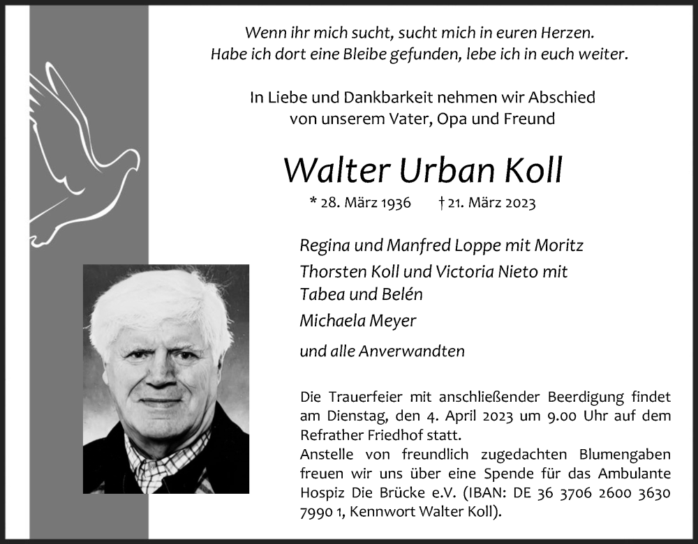  Traueranzeige für Walter Urban Koll vom 25.03.2023 aus Kölner Stadt-Anzeiger / Kölnische Rundschau / Express