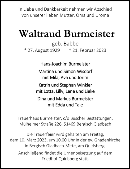 Anzeige von Waltraud Burmeister von  Bergisches Handelsblatt 