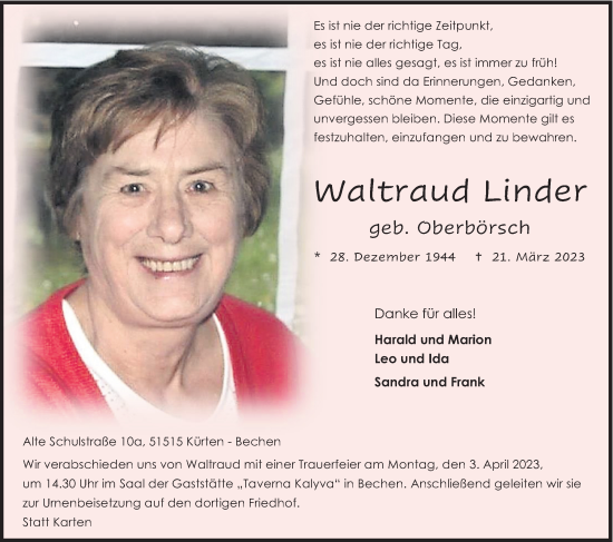 Anzeige von Waltraud Linder von Kölner Stadt-Anzeiger / Kölnische Rundschau / Express